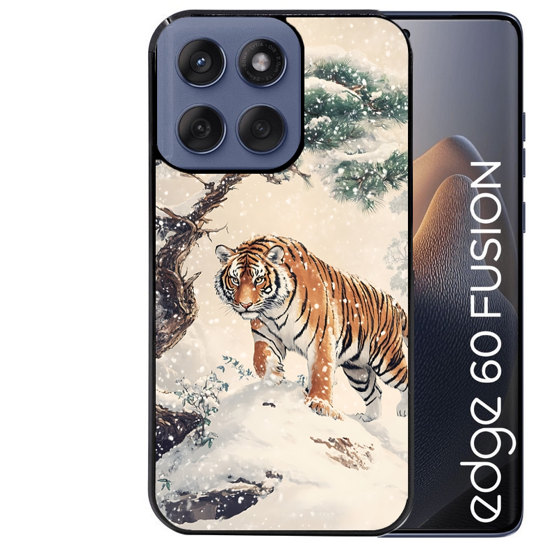 Coque noire taperso pour Moto Edge 60 et Neo Fusion Pro avec motif tigre bonzai protection antichoc personnalisée