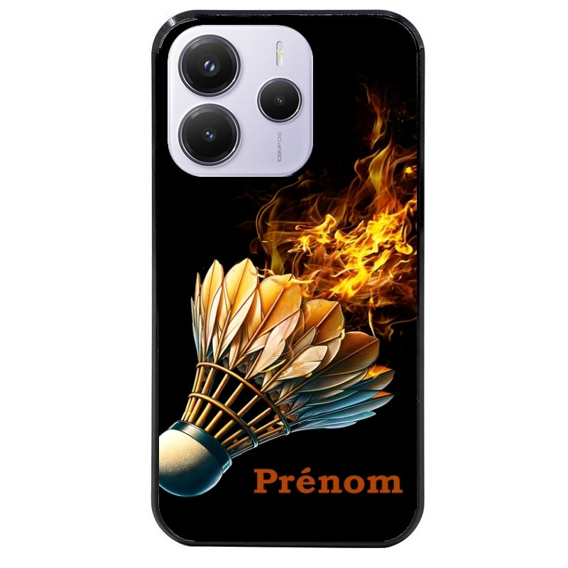 Coque noire taperso pour Redmi Note 14 et PRO PLUS 4G 5G avec motif badminton flamme personnalise protection antichoc personnalisée