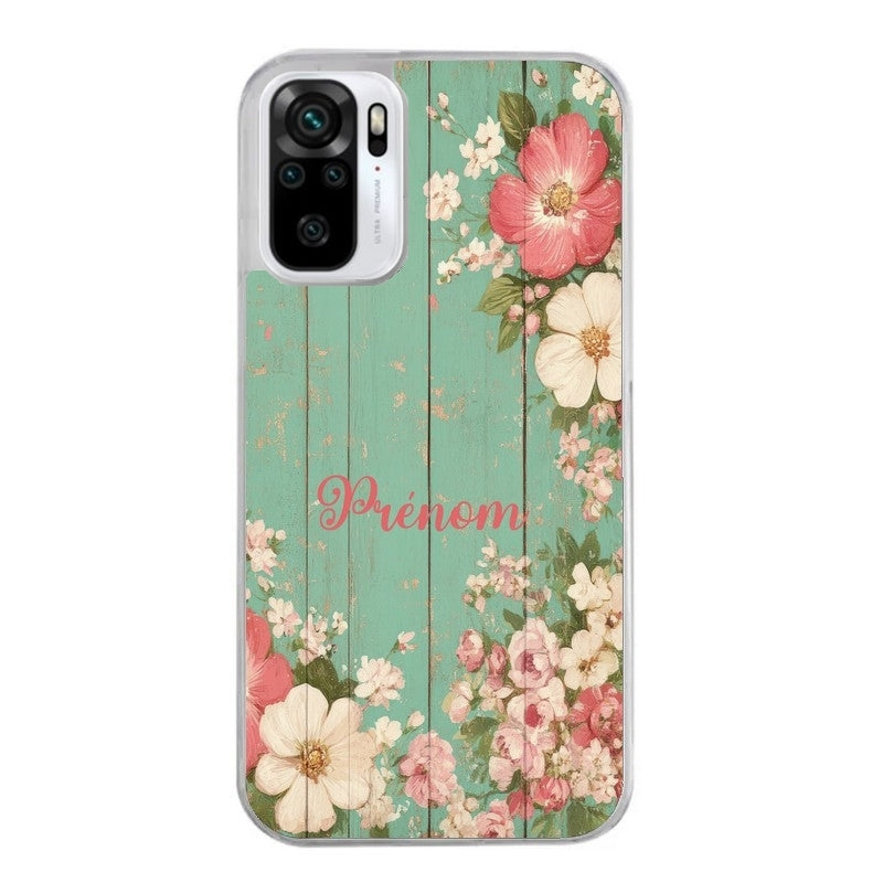 Coque taperso pour Redmi Note 10 4G 5G PRO 10S avec motif bois et fleur avec votre prenom protection antichoc personnalisée