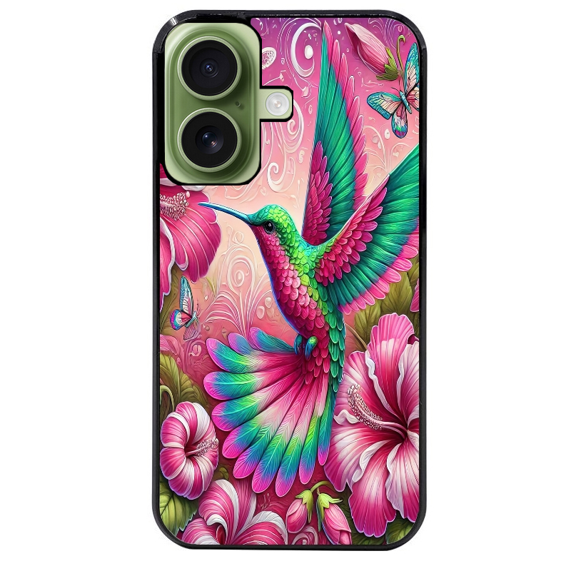Coque noire taperso pour Iphone 16 16E PLUS MAX PRO avec motif colibri et fleurs protection antichoc personnalisée