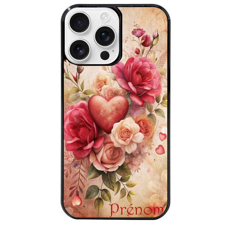 Coque noire taperso pour Iphone 16 16E PLUS MAX PRO avec motif coeur et fleur personnalisee protection antichoc personnalisée