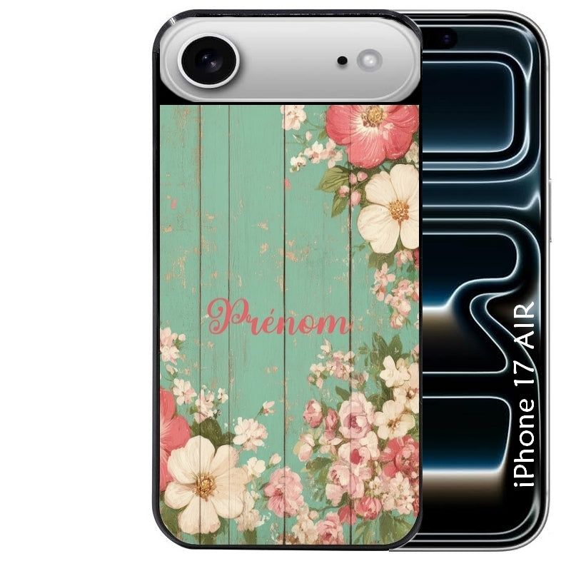 Coque noire taperso pour Iphone 17 17E AIR MAX PRO avec motif bois et fleur avec votre prenom protection antichoc personnalisée