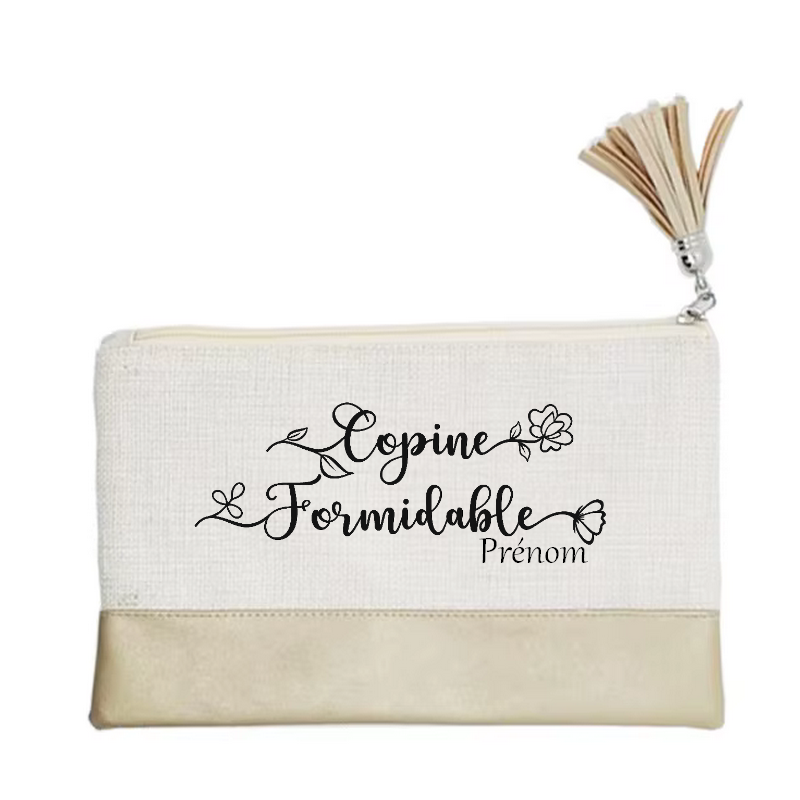 Pochette personnalisée motif copine formidable en toile et simili cuir personnalisée