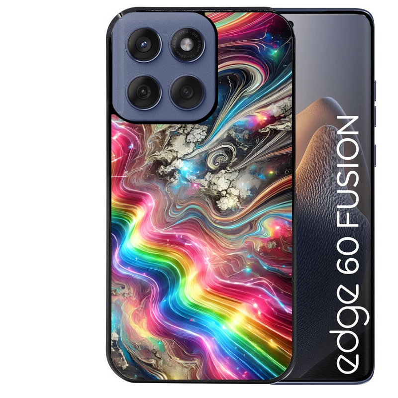 Coque noire taperso pour Moto Edge 60 et Neo Fusion Pro avec motif marbre arc en ciel protection antichoc personnalisée