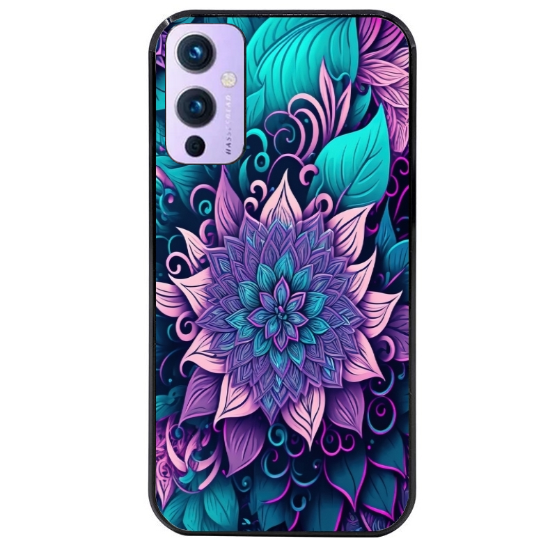 Coque noire taperso pour OnePlus 9 et 9 PRO avec motif tropical mandala et fleur violet protection antichoc personnalisée