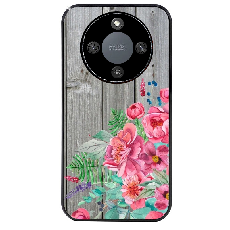 Coque noire taperso pour Magic 5 6 LITE et PRO avec motif bois gris et fleur rose protection antichoc personnalisée