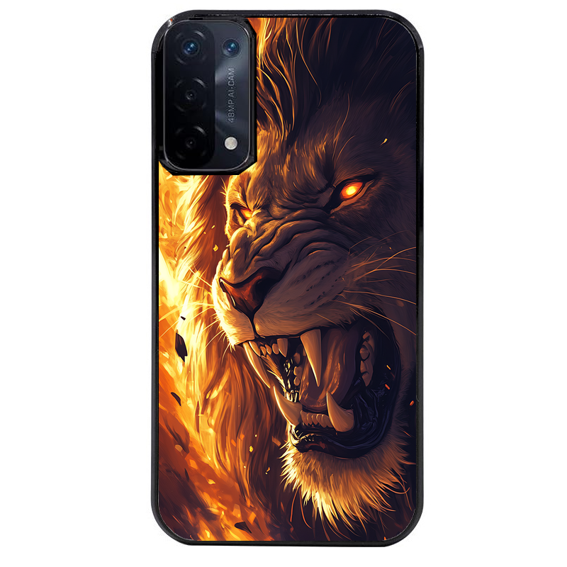 Coque noire taperso pour OPPO A54 et A74 5G avec motif lion flamme protection antichoc personnalisée