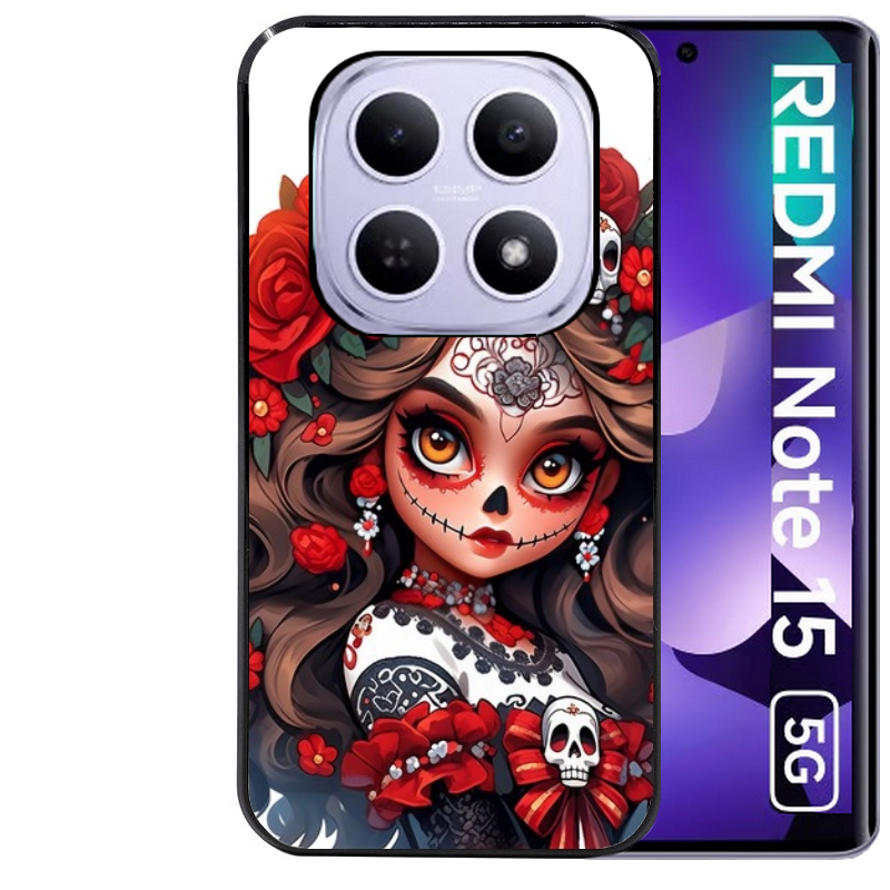 Coque noire taperso pour Redmi Note 15 et PRO PLUS 4G 5G avec motif tete de mort calavera rouge protection antichoc personnalisée