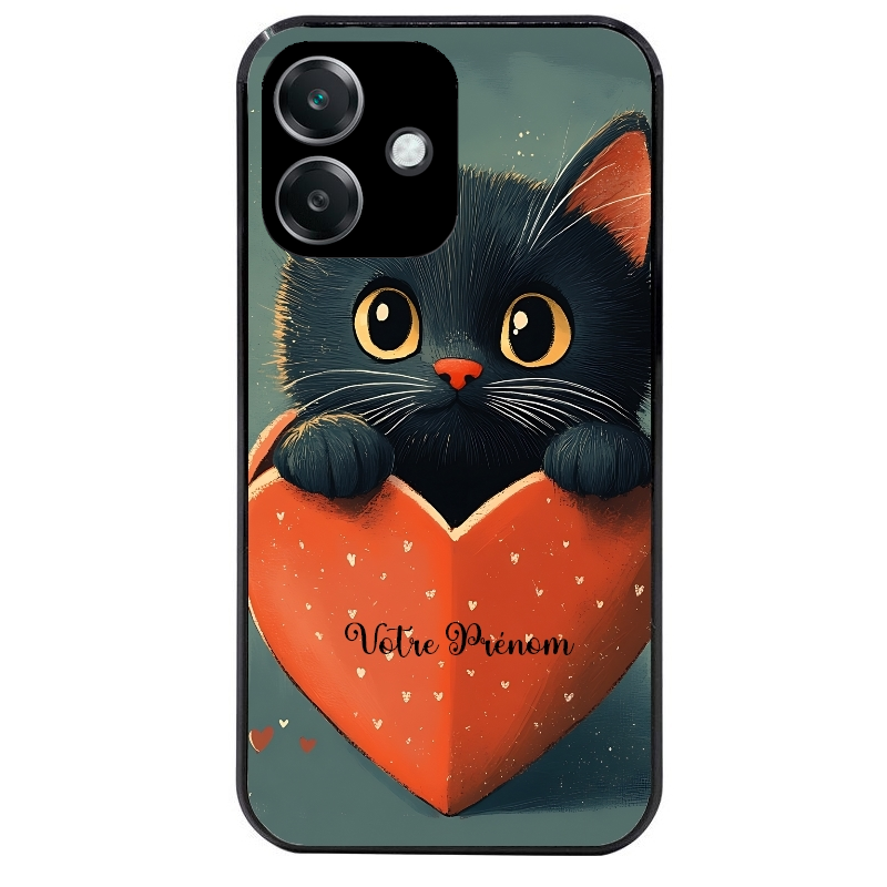 Coque noire taperso pour OPPO A40 avec motif chat et coeur avec prenom protection antichoc personnalisée