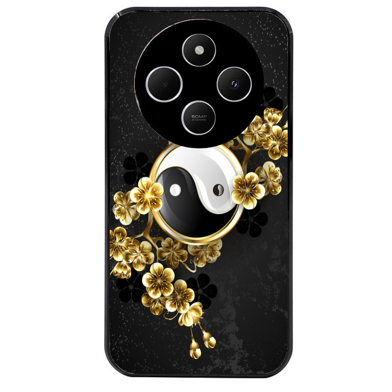 Coque noire taperso pour POCO C75 avec motif yin yang et fleur protection antichoc personnalisée