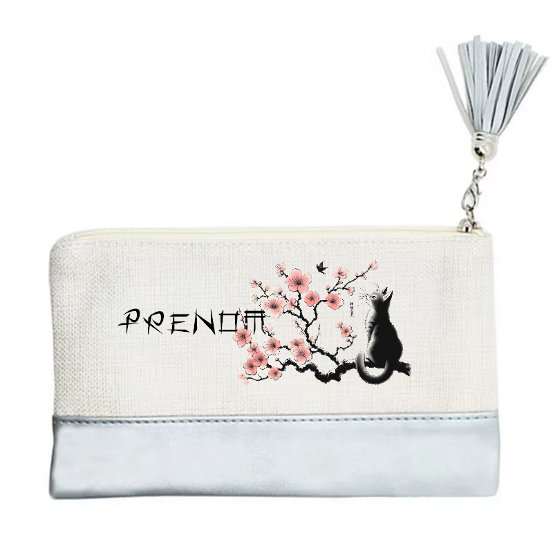 Pochette personnalisée motif chat cerisier en toile et simili cuir personnalisée