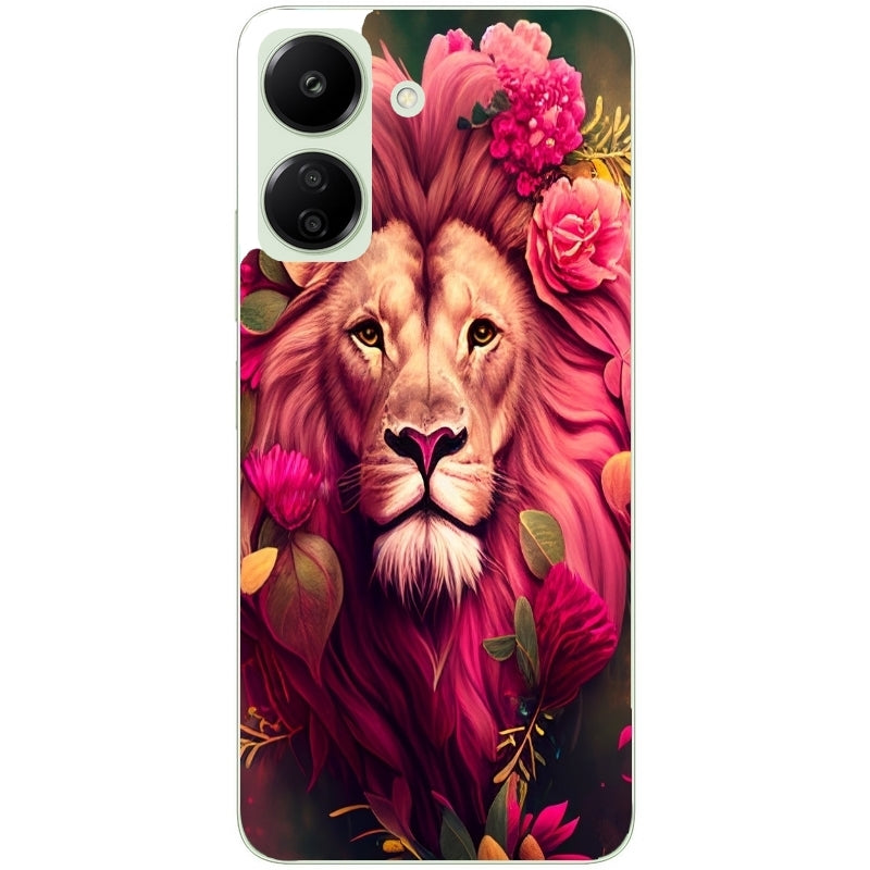 Coque taperso pour POCO C65 4G avec motif lion et fleurs rose protection antichoc personnalisée