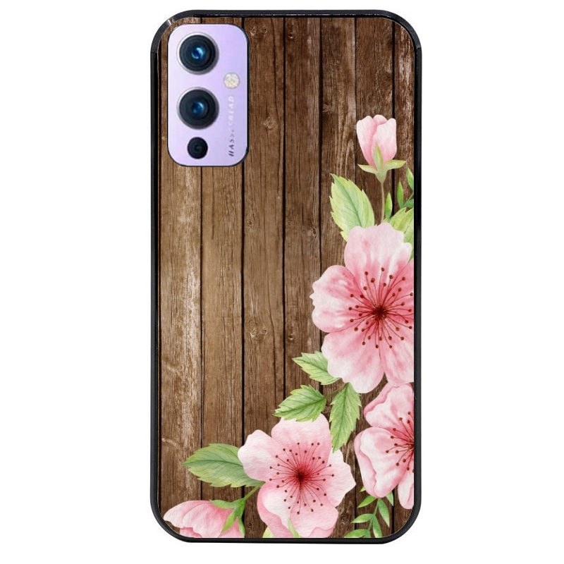 Coque noire taperso pour OnePlus 9 et 9 PRO avec motif bois avec fleur rose protection antichoc personnalisée