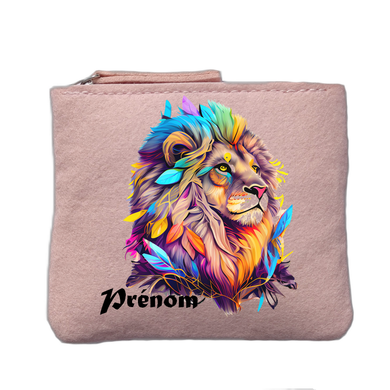 Porte monnaie personnalisé motif lion color rose clair en feutrine en feutrine