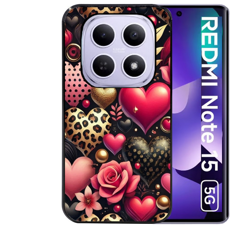 Coque noire taperso pour Redmi Note 15 et PRO PLUS 4G 5G avec motif coeur et leopard protection antichoc personnalisée