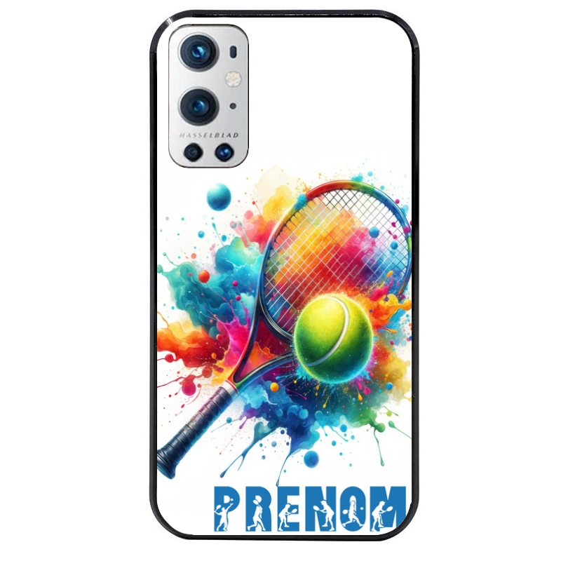 Coque noire taperso pour OnePlus 9 et 9 PRO avec motif tennis raquette personnalisee protection antichoc personnalisée