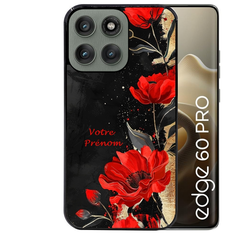 Coque noire taperso pour Moto Edge 60 et Neo Fusion Pro avec motif fleur rouge avec prenom protection antichoc personnalisée