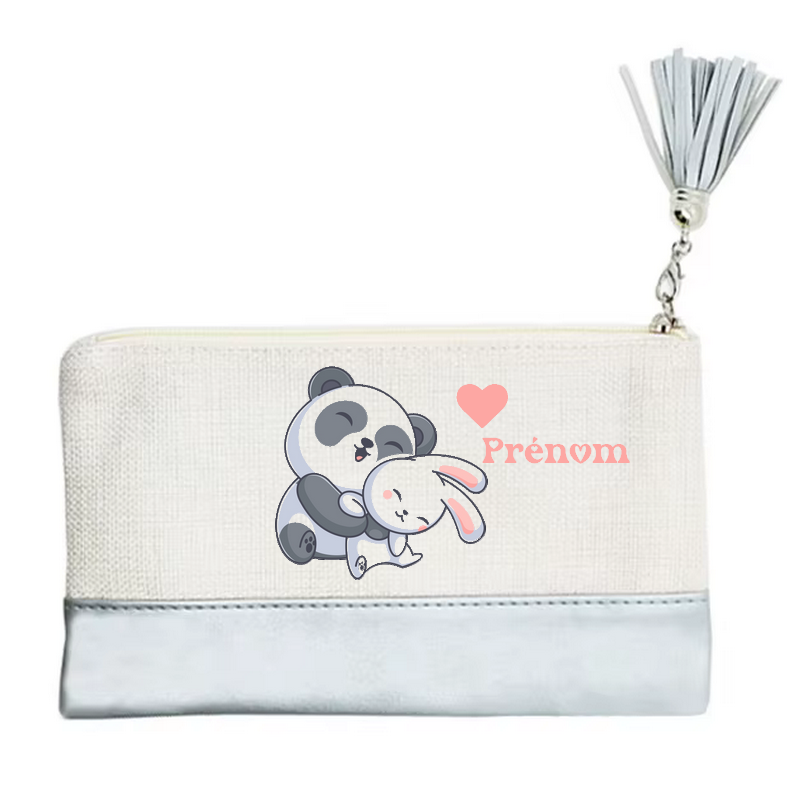 Pochette personnalisée motif panda et lapin en toile et simili cuir personnalisée