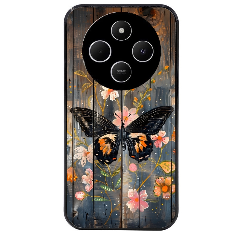 Coque noire taperso pour POCO C75 avec motif bois et papillon 2 protection antichoc personnalisée