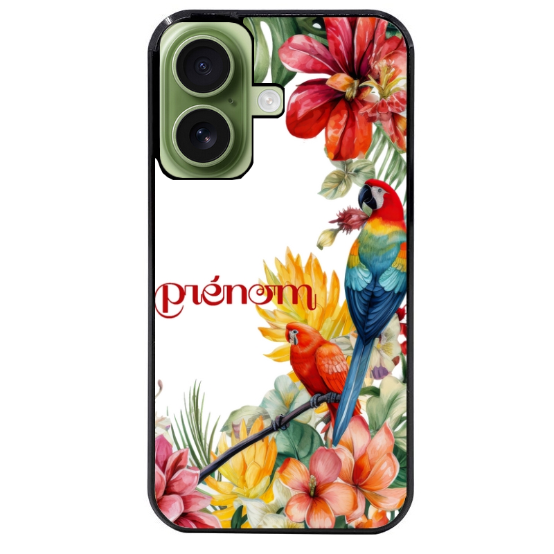 Coque noire taperso pour Iphone 16 16E PLUS MAX PRO avec motif perroquet personnalisee protection antichoc personnalisée