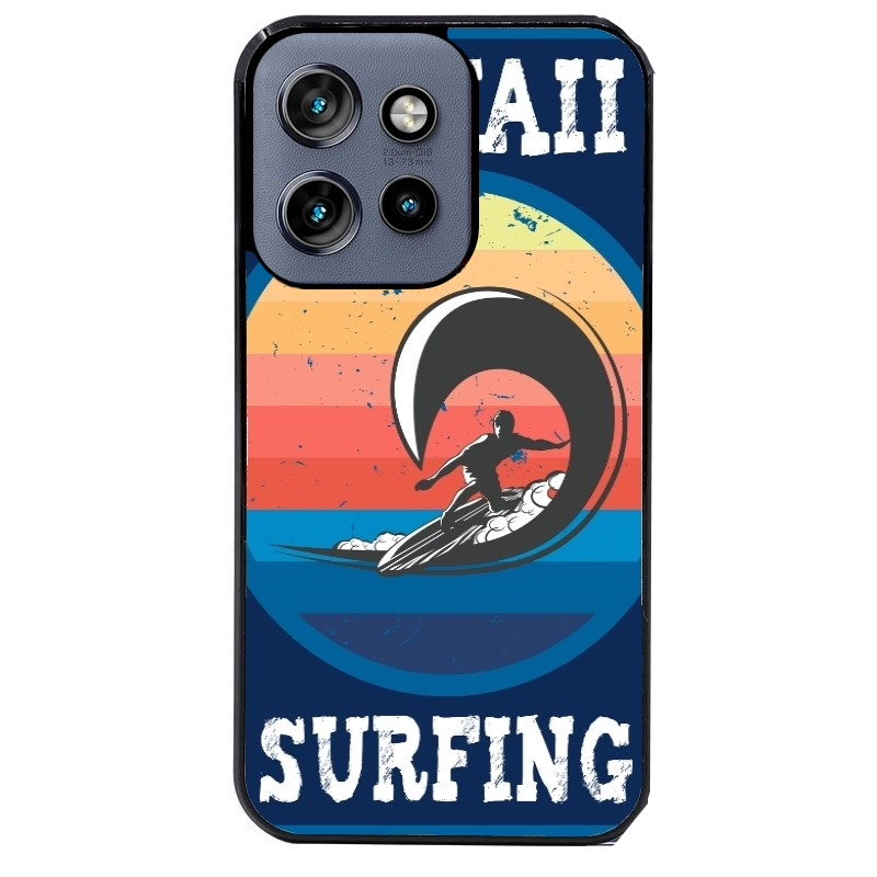 Coque noire taperso pour Moto Edge 60 et Neo Fusion Pro avec motif hawaii et surf protection antichoc personnalisée