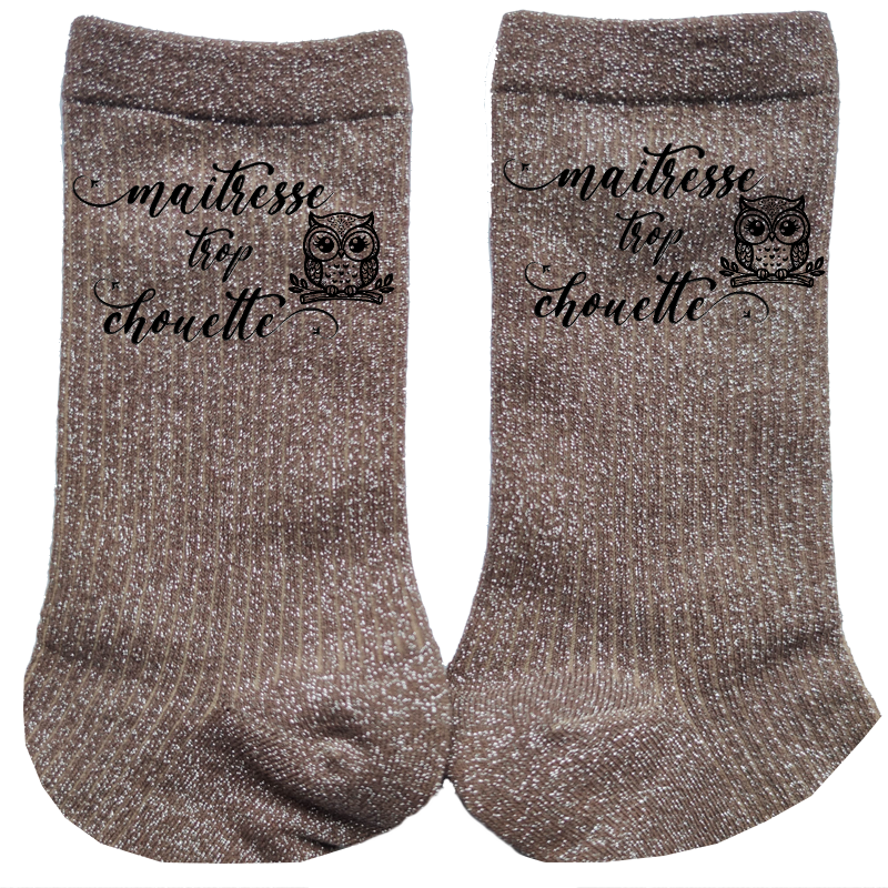 Chaussettes paillettes bronze motif maitresse trop chouette