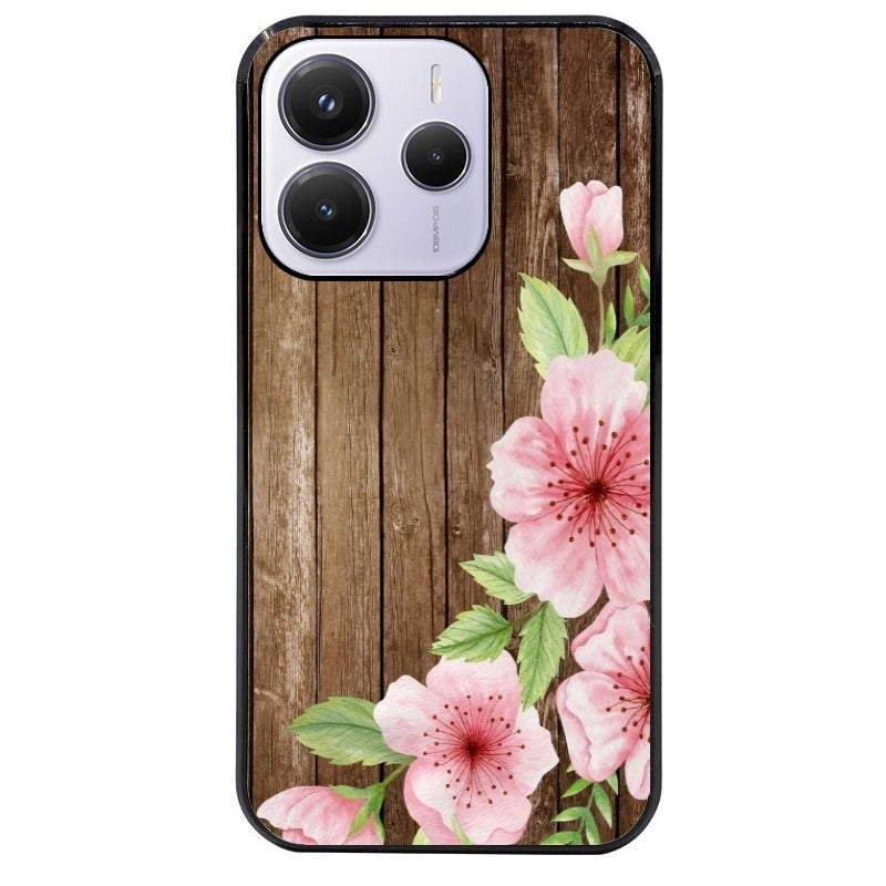 Coque noire taperso pour Redmi Note 14 et PRO PLUS 4G 5G avec motif bois avec fleur rose protection antichoc personnalisée