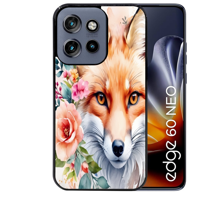 Coque noire taperso pour Moto Edge 60 et Neo Fusion Pro avec motif renard fox et fleurs protection antichoc personnalisée