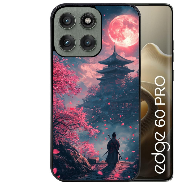 Coque noire taperso pour Moto Edge 60 et Neo Fusion Pro avec motif samourai cerisier protection antichoc personnalisée