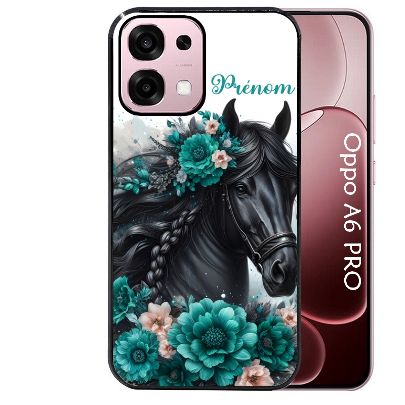Coque noire taperso pour OPPO A6 PRO 4G et 5G avec motif cheval et fleurs personnalisee protection antichoc personnalisée