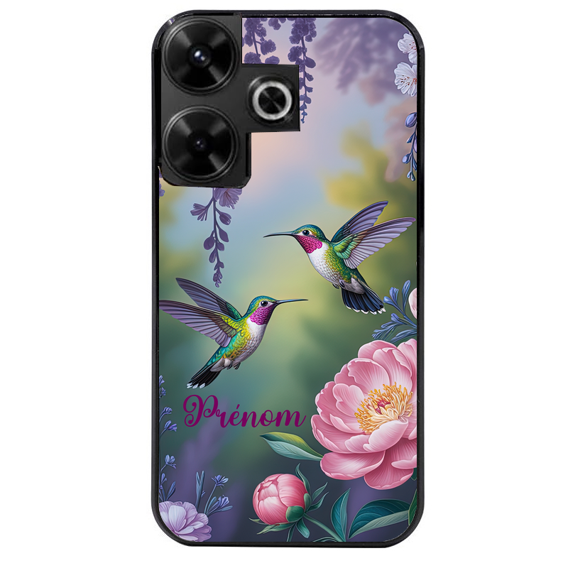 Coque noire taperso pour POCO M6 4G avec motif colibri couple personnalise protection antichoc personnalisée