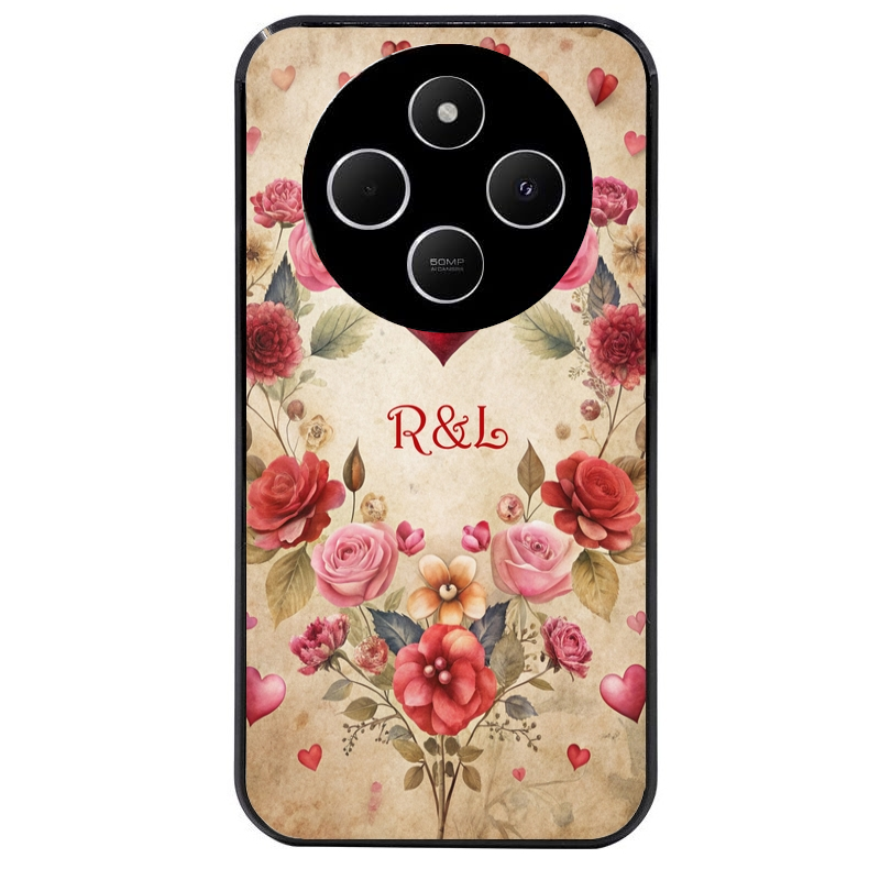 Coque noire taperso pour POCO C75 avec motif coeur vintage et initiales personnalisee protection antichoc personnalisée