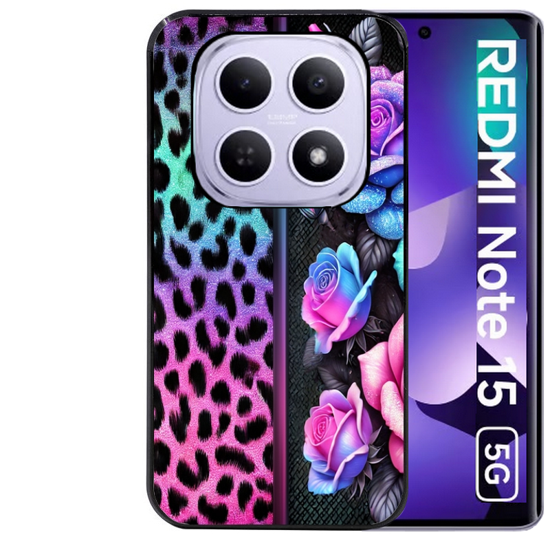 Coque noire taperso pour Redmi Note 15 et PRO PLUS 4G 5G avec motif leopard et fleur protection antichoc personnalisée