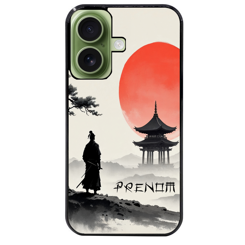 Coque noire taperso pour Iphone 16 16E PLUS MAX PRO avec motif samourai et temple personnalisee protection antichoc personnalisée