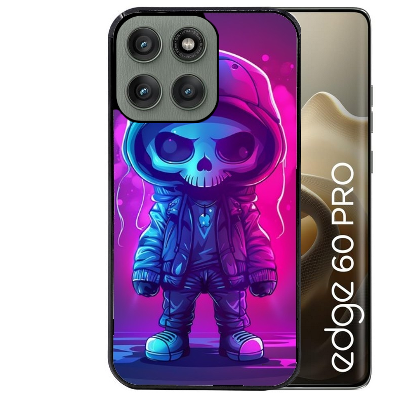 Coque noire taperso pour Moto Edge 60 et Neo Fusion Pro avec motif tete de mort skull fluo protection antichoc personnalisée