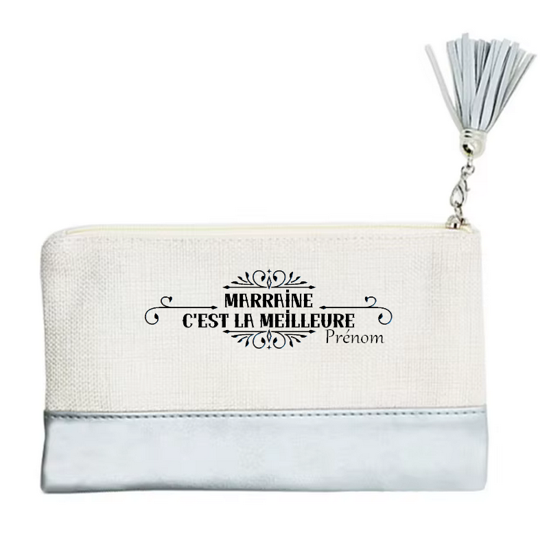 Pochette personnalisée motif marraine meilleure en toile et simili cuir personnalisée