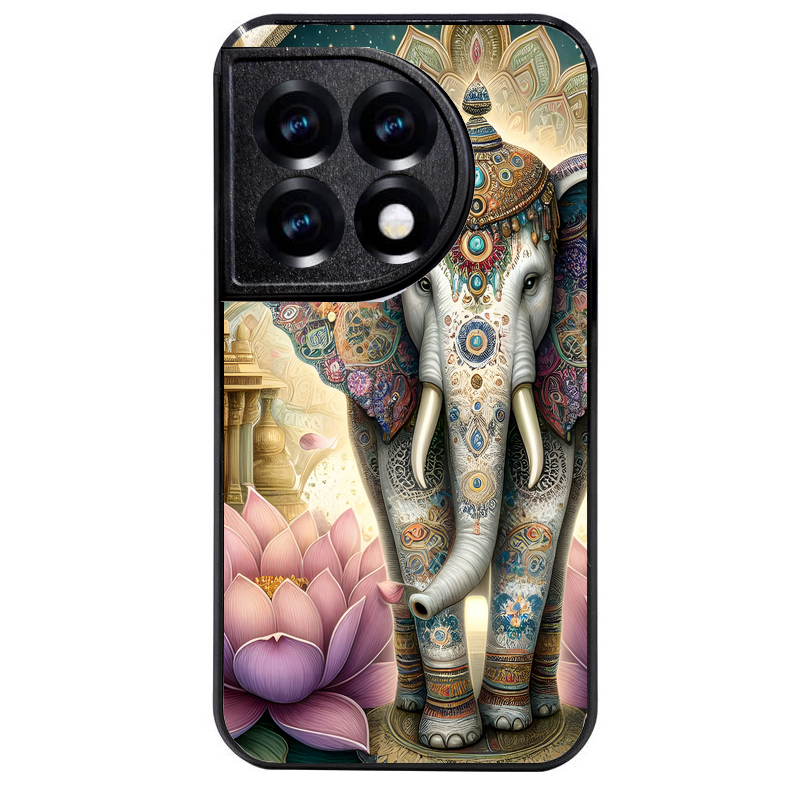 Coque noire taperso pour OnePlus 11 et 12 avec motif elephant et lotus protection antichoc personnalisée