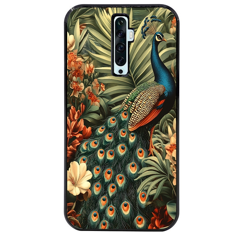 Coque noire taperso pour OPPO Reno 2 et 2Z avec motif paon tropical protection antichoc personnalisée