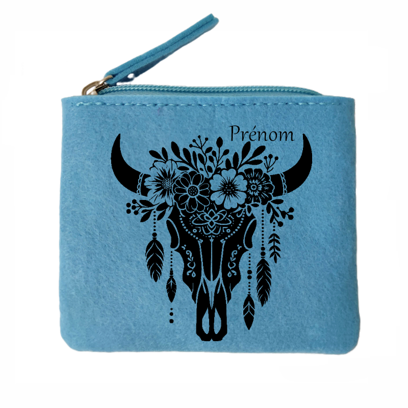 Porte monnaie personnalisé skull bull en feutrine en feutrine