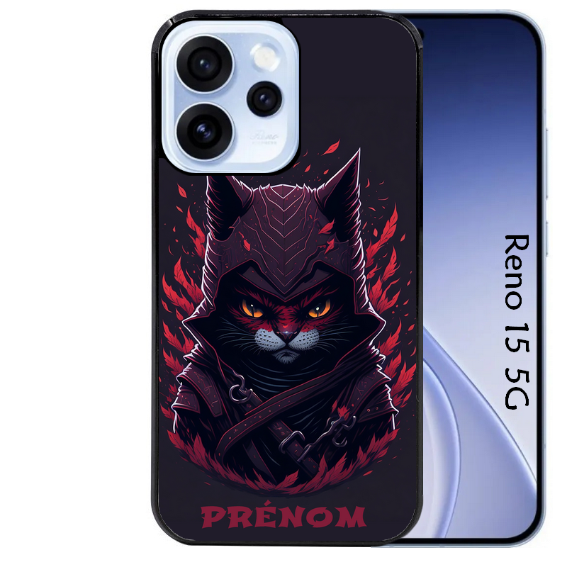 Coque noire taperso pour OPPO Reno 15 et F FS 5G avec motif chat samourai personnalise protection antichoc personnalisée