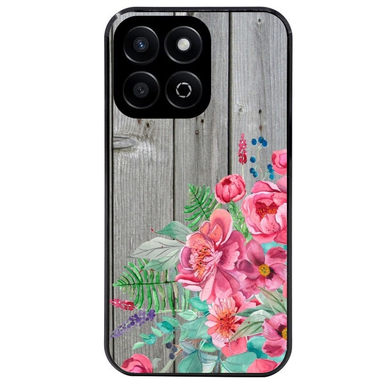 Coque noire taperso pour Honor X8 5G avec motif bois gris et fleur rose protection antichoc personnalisée