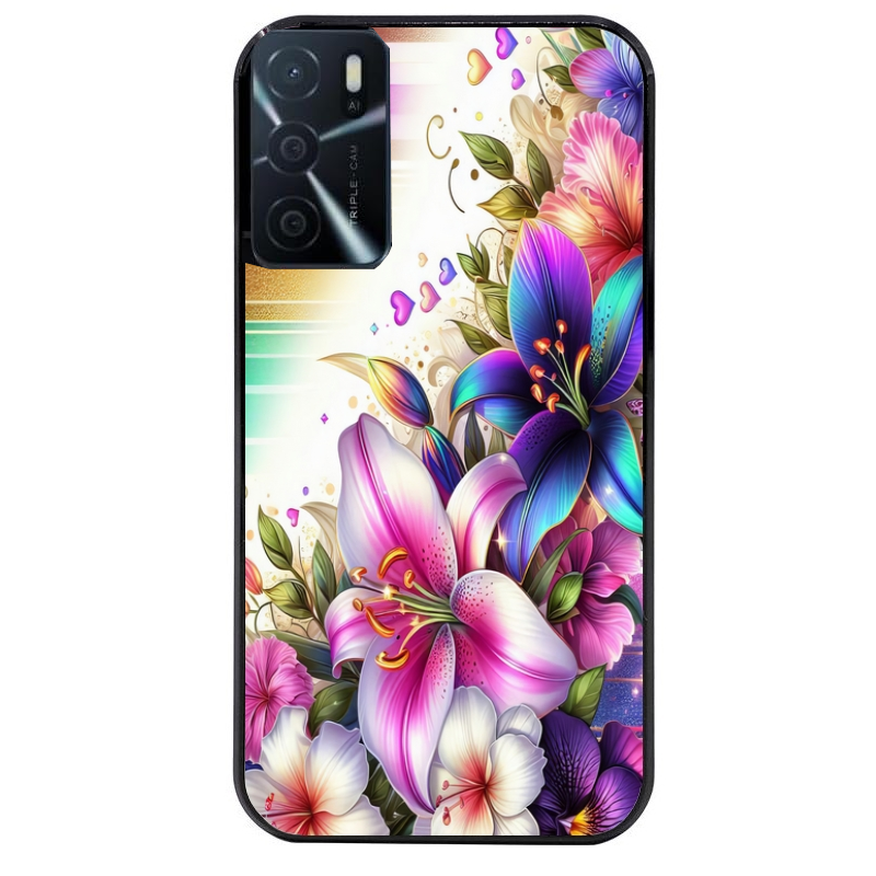 Coque noire taperso pour OPPO A16 et A16S avec motif fleur fluo protection antichoc personnalisée
