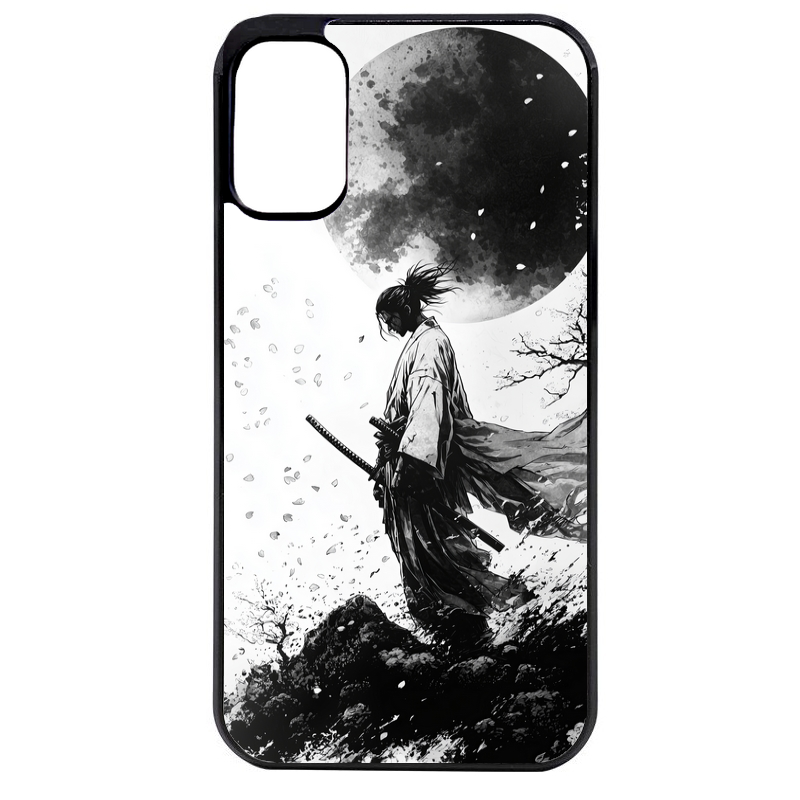 Coque noire taperso pour Moto E13 E14 E15 avec motif samourai et lune protection antichoc personnalisée