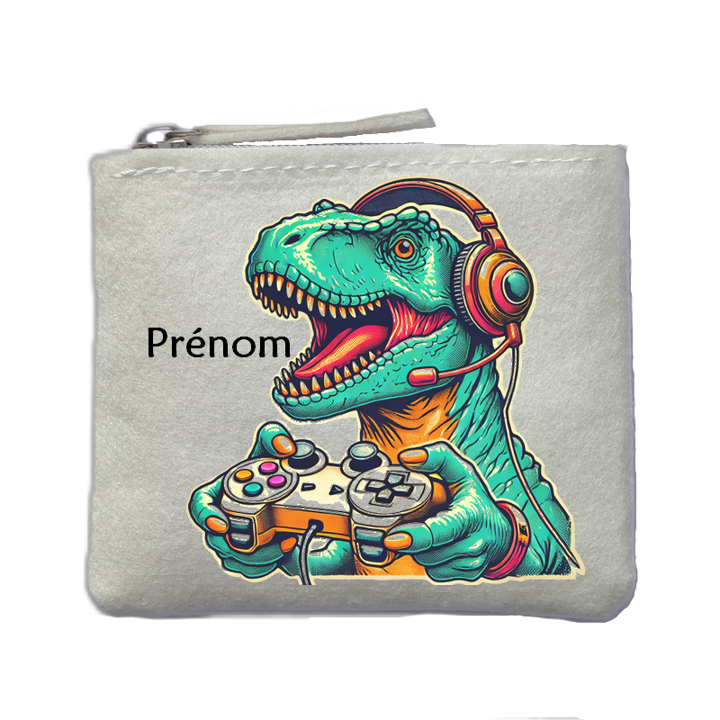 Porte monnaie personnalisé dinosaure gamer ivoire en feutrine en feutrine ivoire