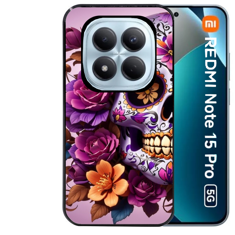 Coque noire taperso pour Redmi Note 15 et PRO PLUS 4G 5G avec motif tete de mort calavera violette protection antichoc personnalisée