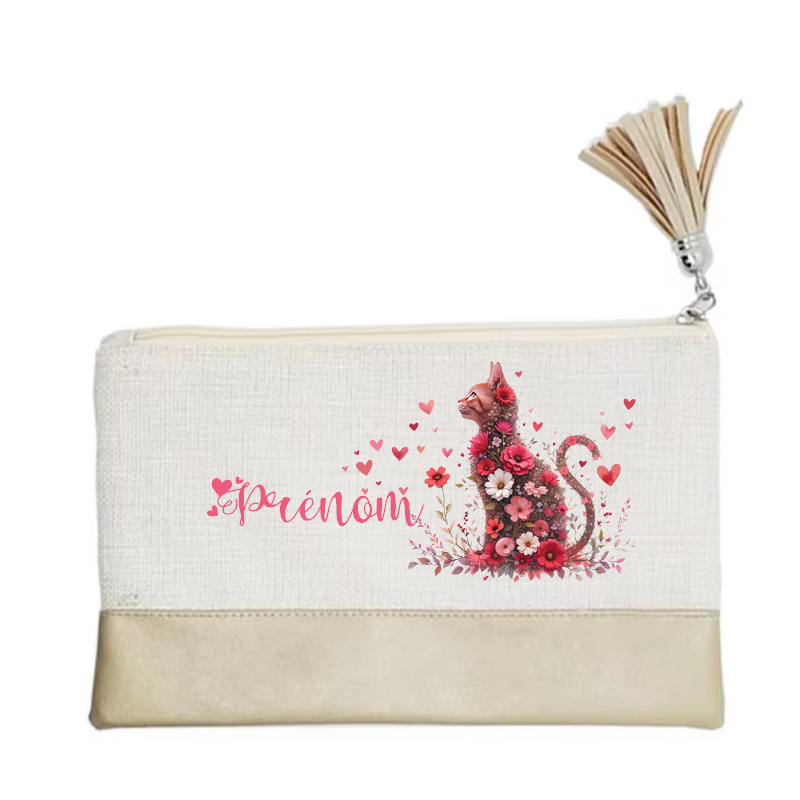 Pochette personnalisée motif chat fleur en toile et simili cuir personnalisée