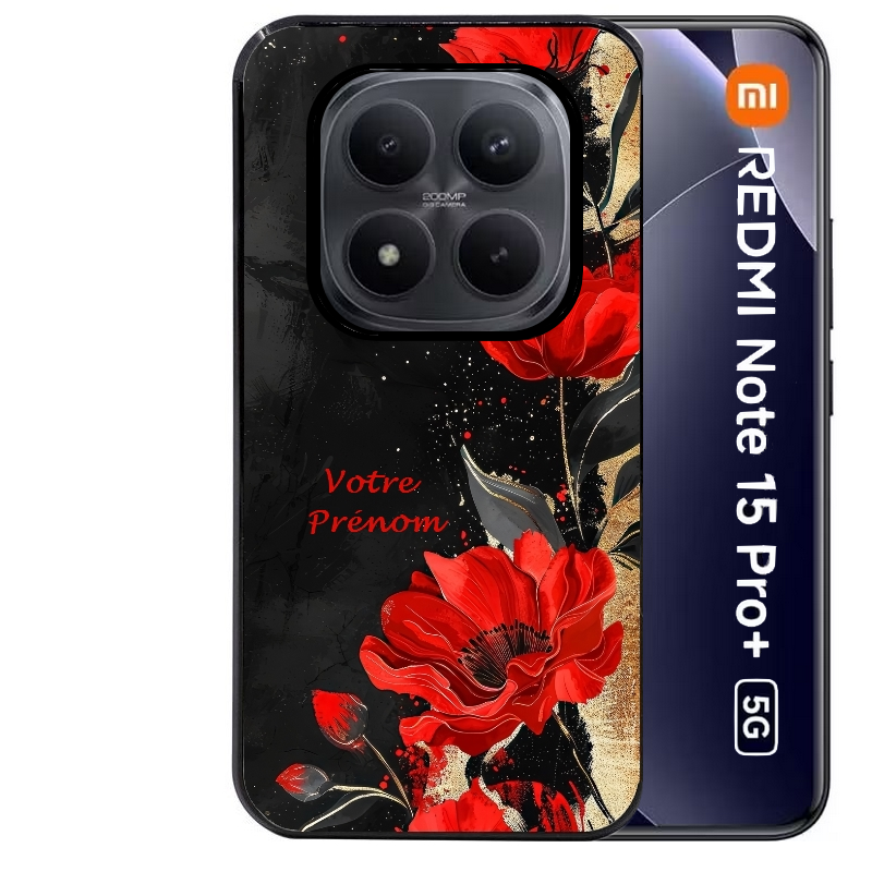 Coque noire taperso pour Redmi Note 15 et PRO PLUS 4G 5G avec motif fleur rouge avec prenom protection antichoc personnalisée