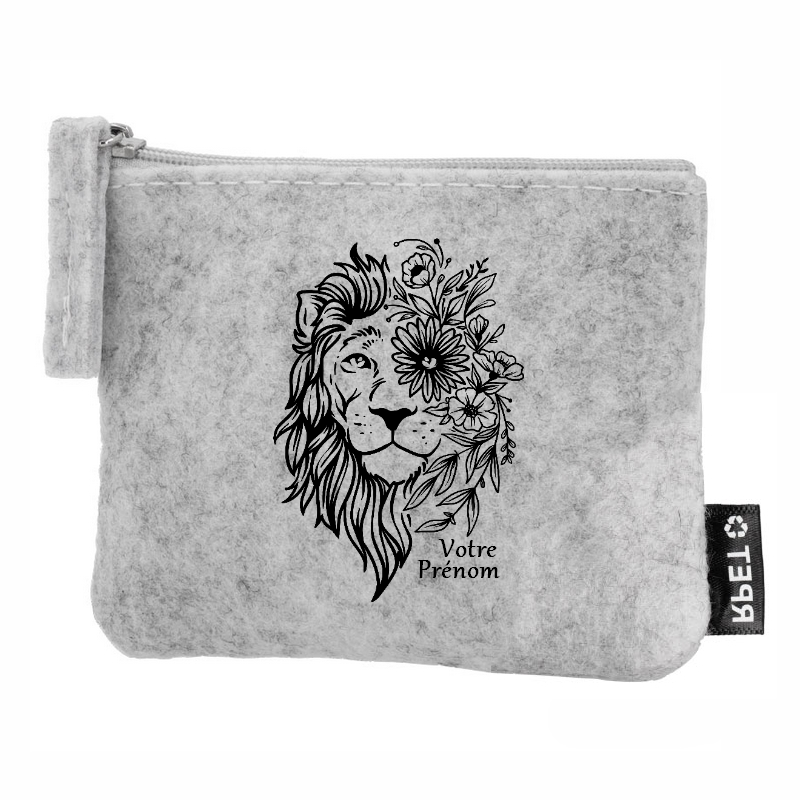 Porte monnaie personnalisé lion fleur en feutrine en feutrine