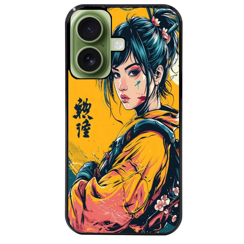 Coque noire taperso pour Iphone 16 16E PLUS MAX PRO avec motif samourai girl anime protection antichoc personnalisée
