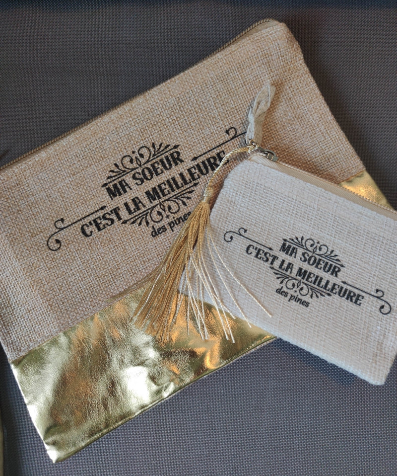 Pochette personnalisée copine formidable en jute et doré